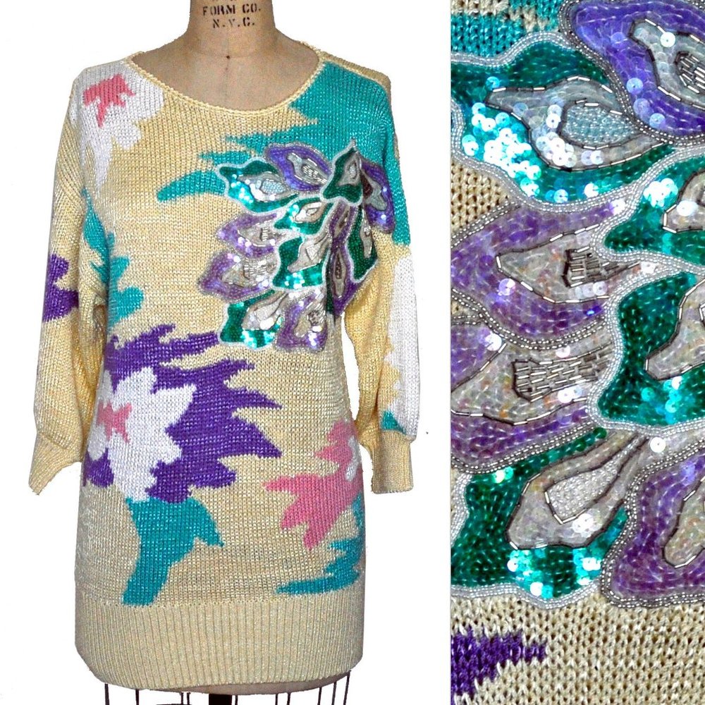 Vintage 1980s Sequin Floral Hand loomed Sweater